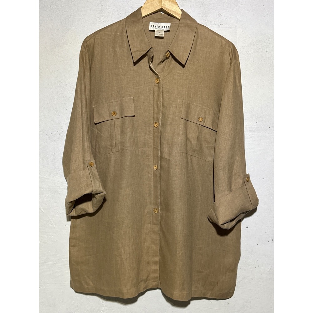 David Dart Womens XL Safari Button Down Shirt Tan 100% Linen Roll Tab Sleeve